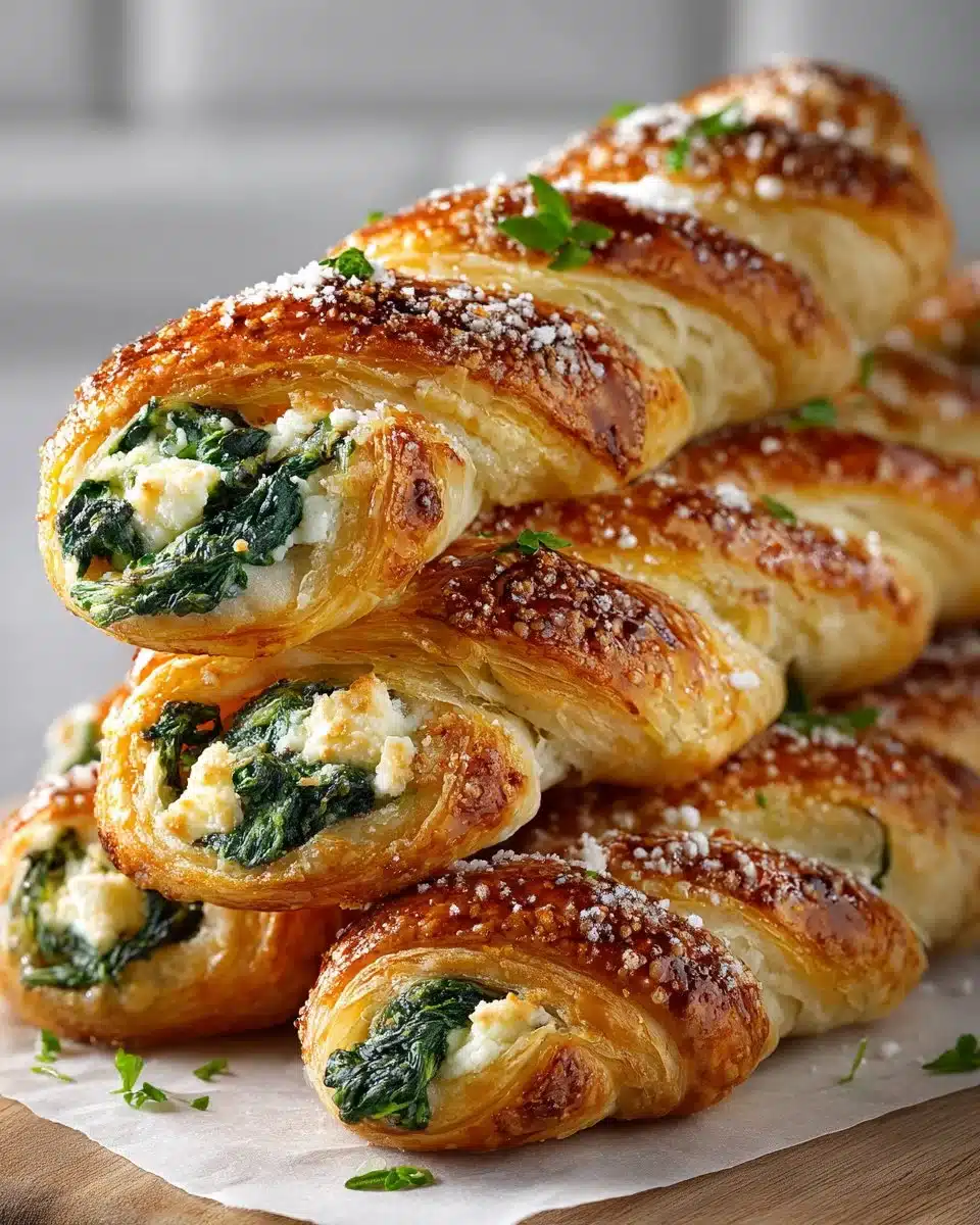Spinach and feta puff pastry twists on a baking tray, ready to be served.