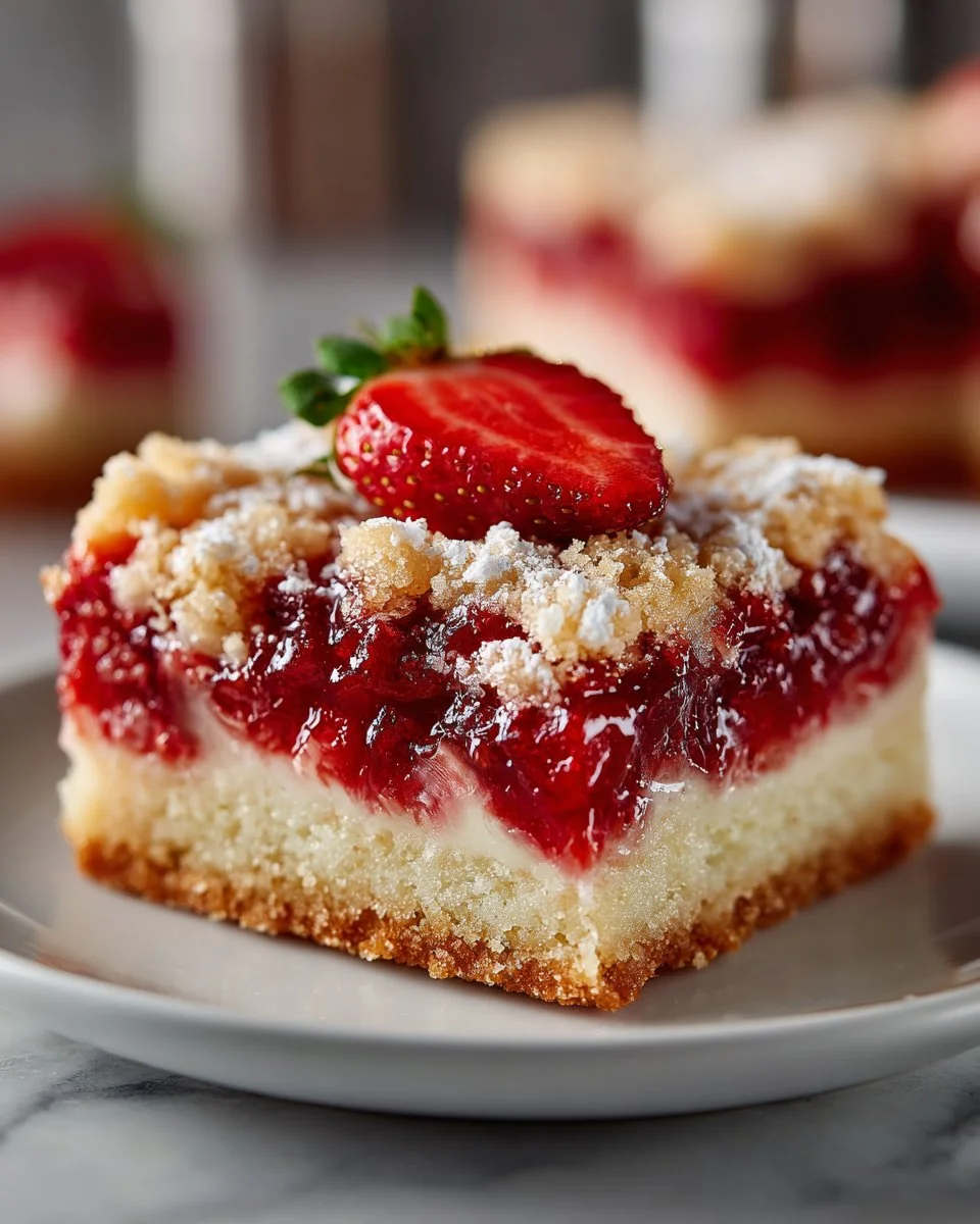 Homemade Strawberry Rhubarb Bars with a crumbly crust and fresh fruit topping