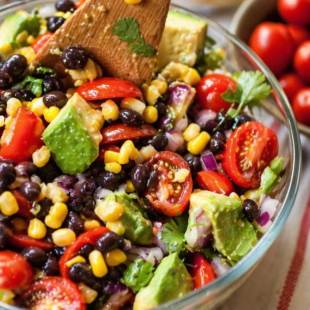 Fresh Summer Corn and Black Bean Salad with veggies in a zesty lime dressing