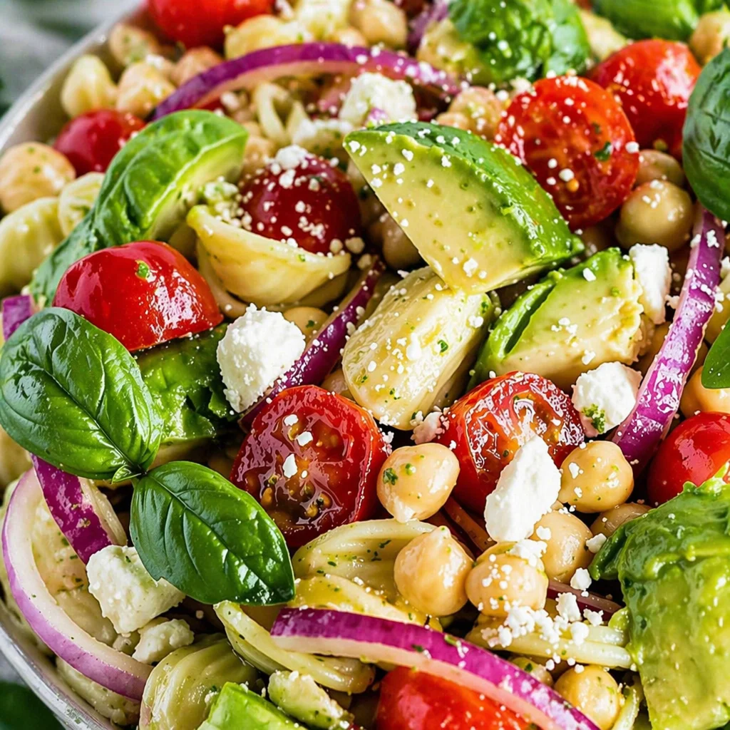 Delightful Summer Pasta Salad with Lemon Basil Vinaigrette, perfect for summer gatherings.