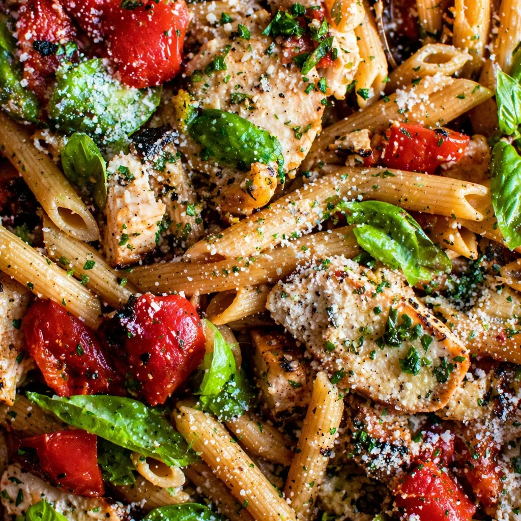 Summer Pasta Salad with Roasted Peppers and Chicken, a light and flavorful dish.