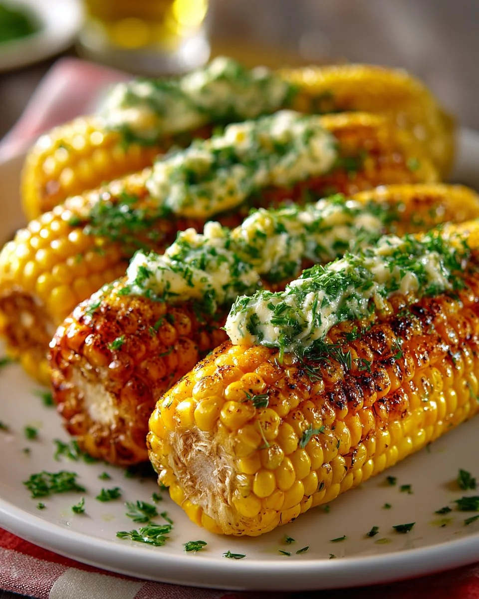 Sweet corn on the cob served with flavorful herb butter.