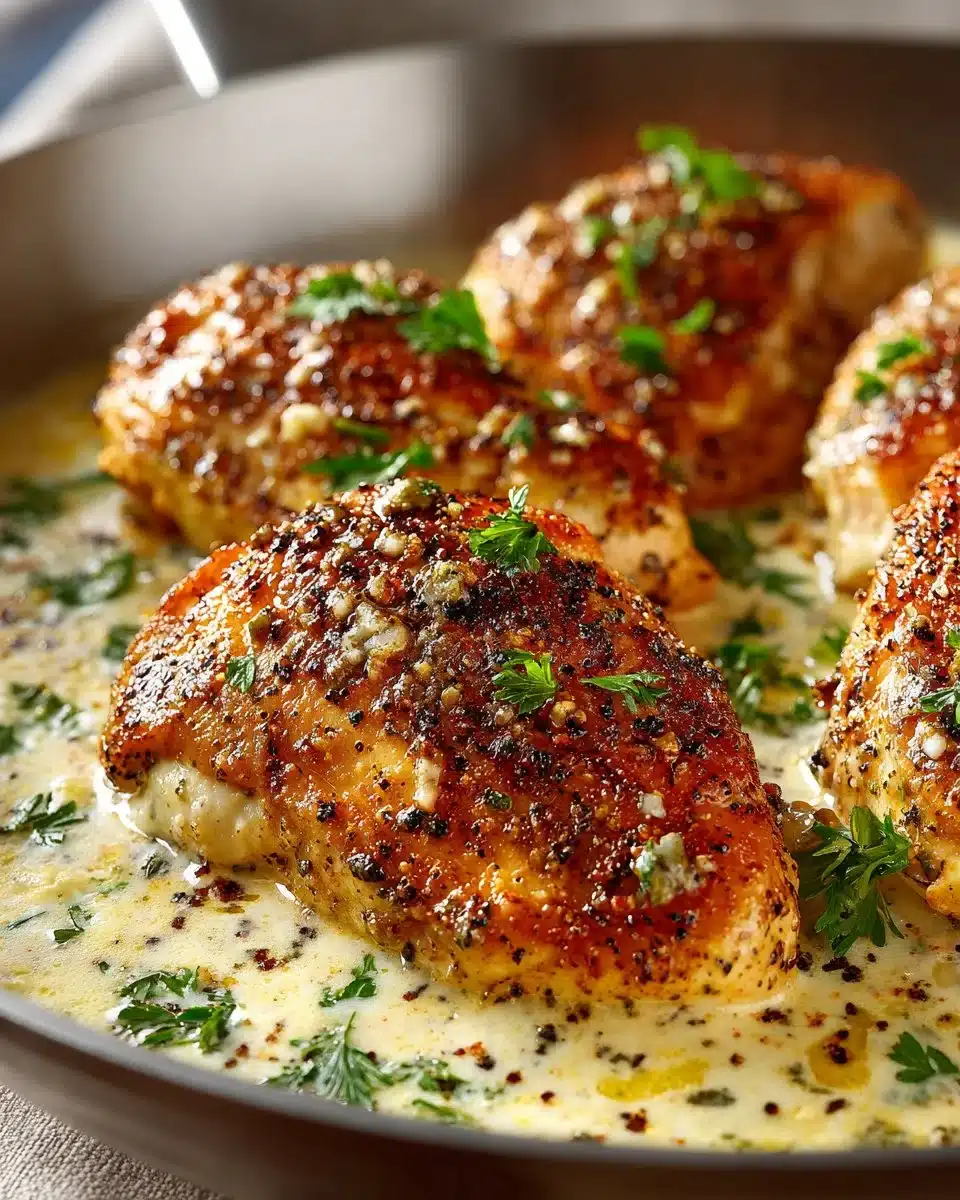 Delicious Texas Roadhouse-style garlic butter chicken skillet served with fresh herbs.