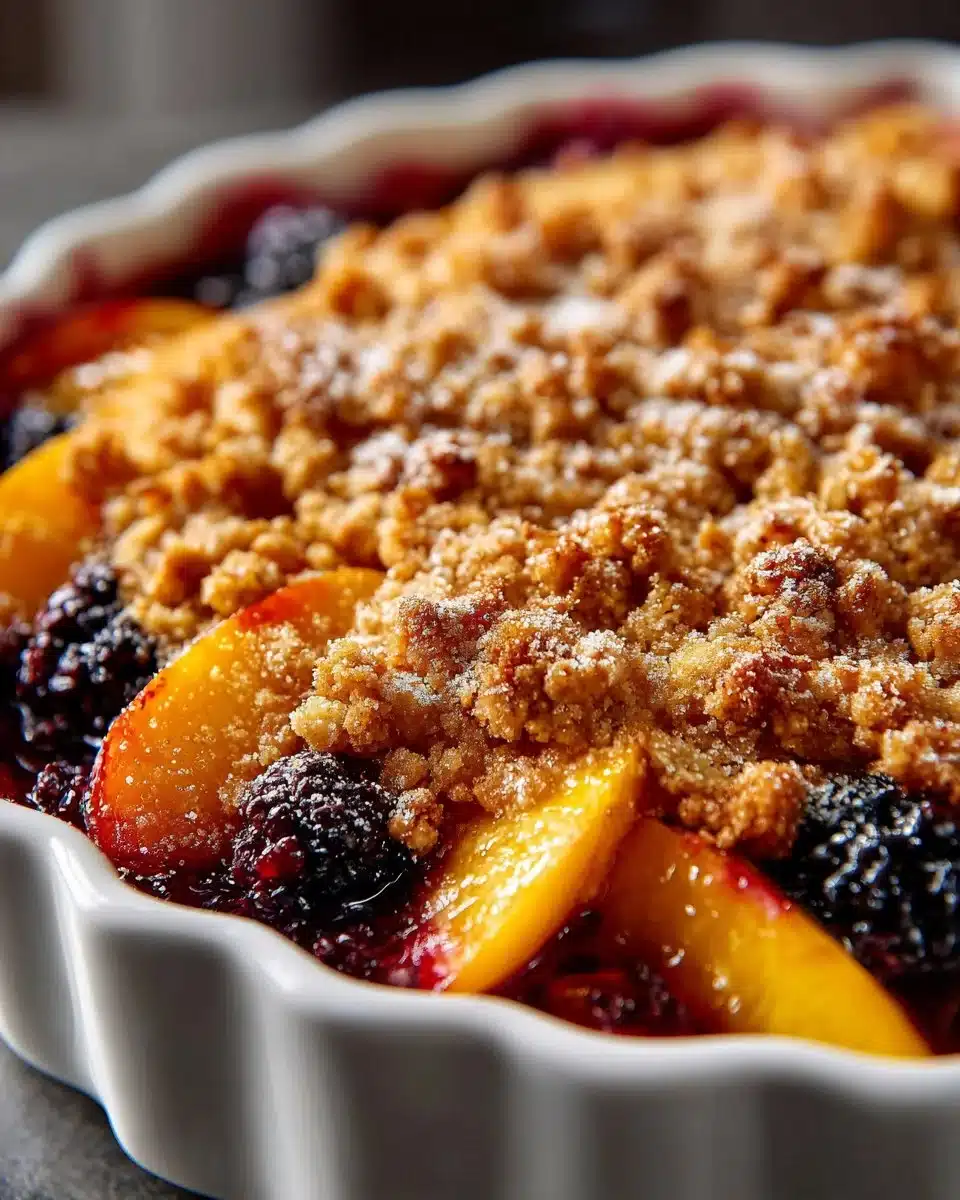 Warm peach blackberry crisp dessert with golden topping and fresh fruit
