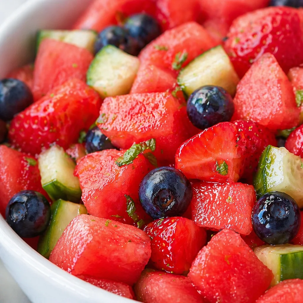 Refreshing Watermelon Cucumber and Blueberry Summer Salad served in a bowl.