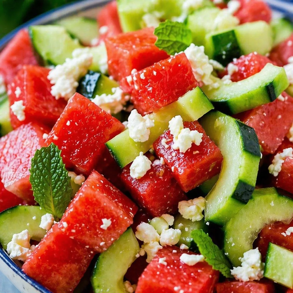 Refreshing Watermelon Cucumber Feta Salad with Fresh Mint served in a bowl.