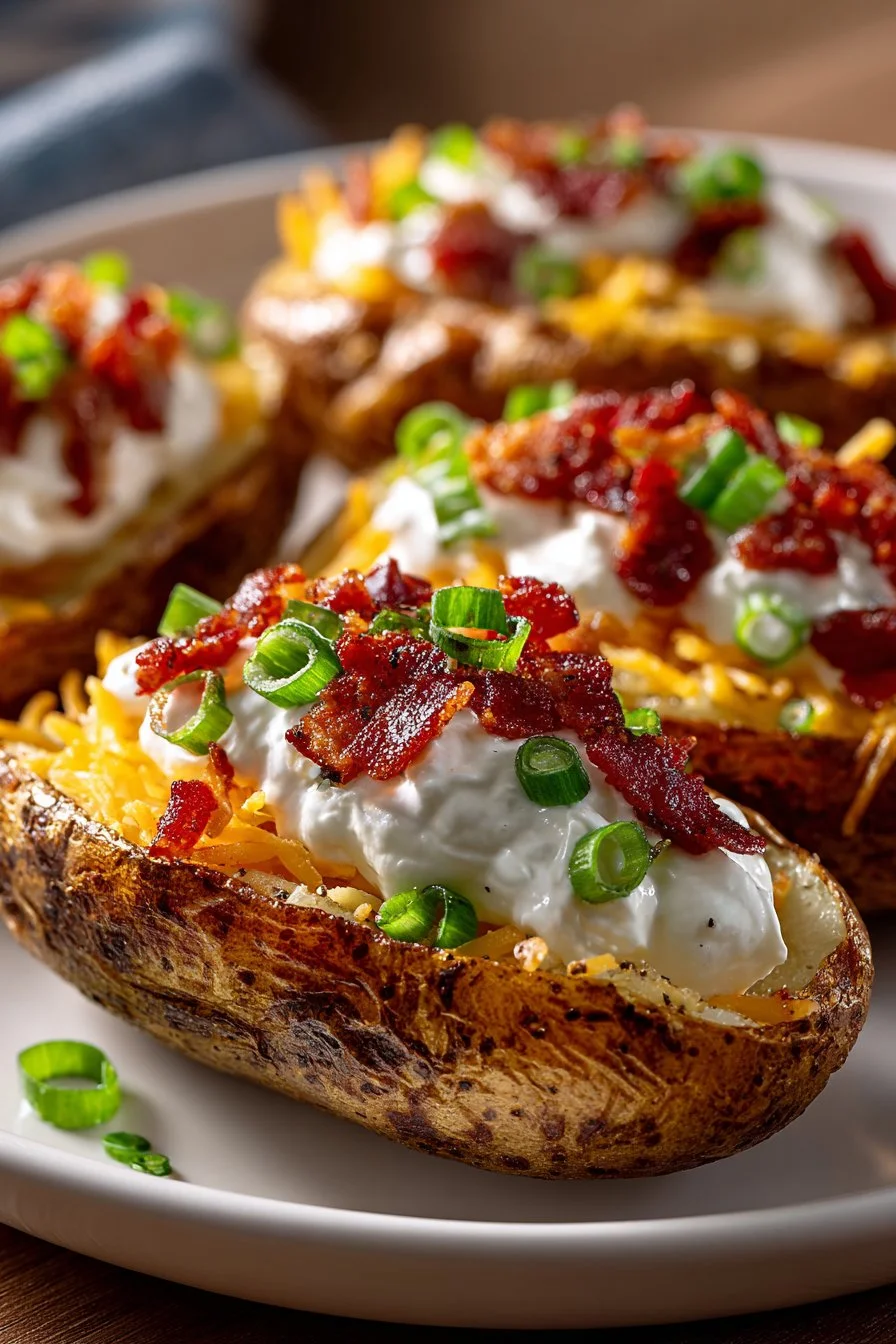 Delicious Air Fryer Loaded Potato Skins topped with cheese and bacon