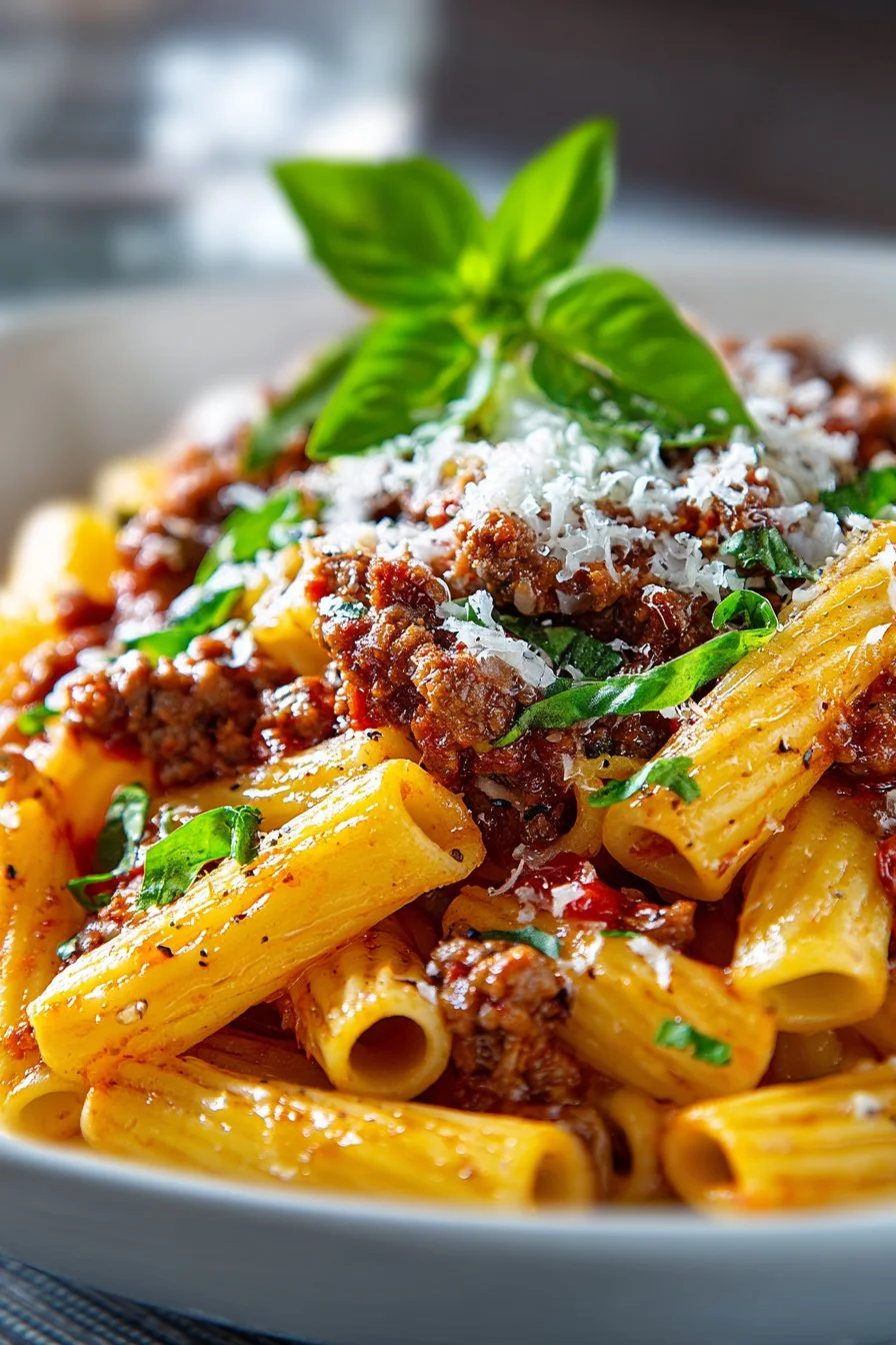 Delicious baked ziti with meat sauce served for a birthday celebration.