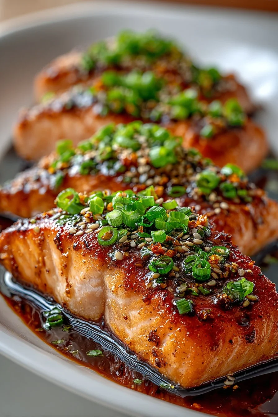 Grilled honey soy salmon garnished with lemon slices and herbs on a plate.