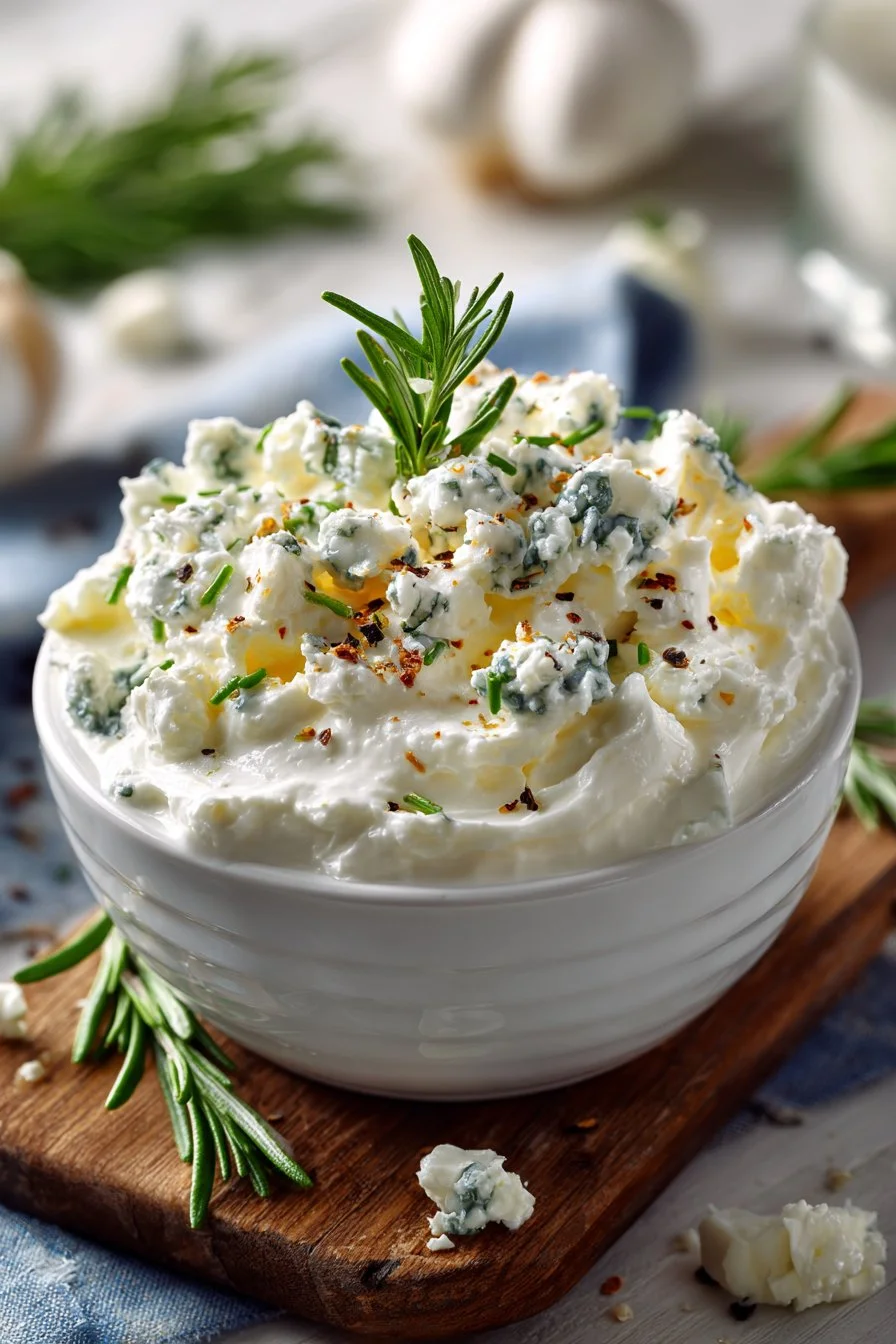 Homemade blue cheese dressing in a small bowl with fresh ingredients around it