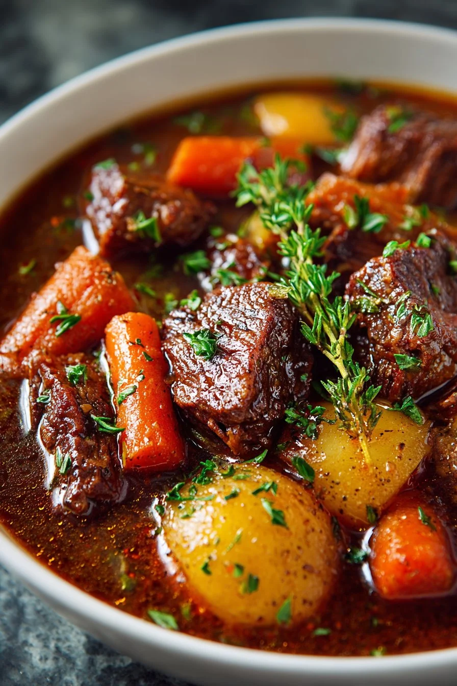 Birthday celebration slow cooker beef stew in a rustic bowl