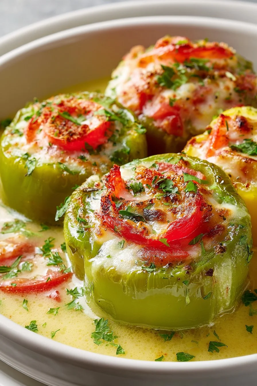 Cheesy Stuffed Banana Peppers Soup in a bowl garnished with herbs