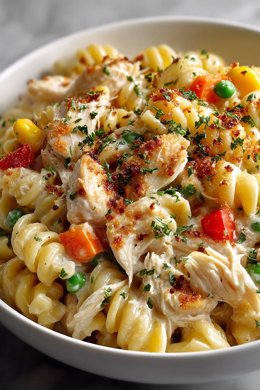Classic chicken pot pie pasta dish served in a bowl with fresh herbs