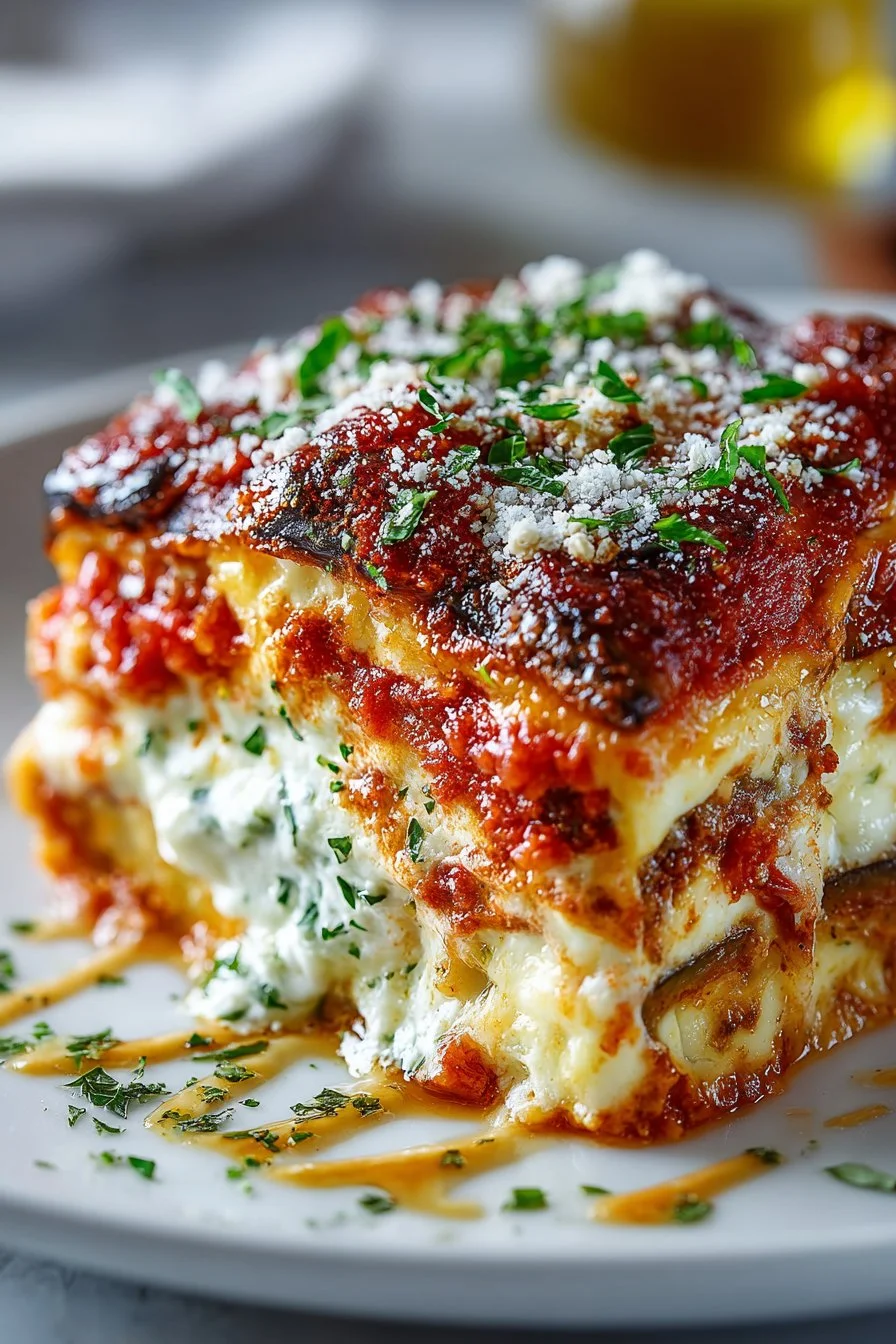 Classic homestyle layered eggplant lasagna served on a plate