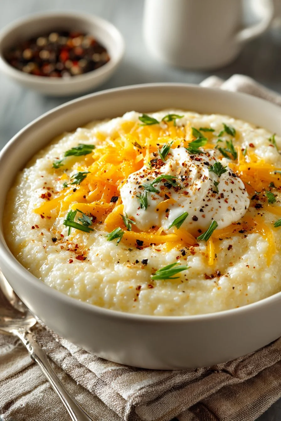 A bowl of classic Southern creamy cheese grits topped with cheese and herbs