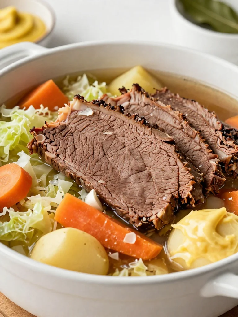 Delicious plate of corned beef and cabbage served with vegetables.
