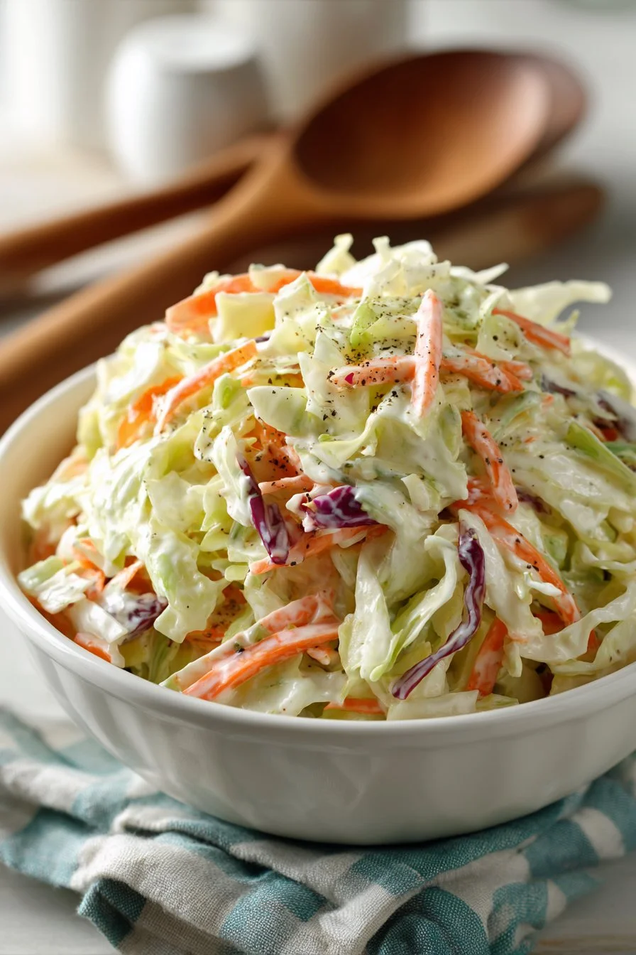 Bowl of creamy buttermilk coleslaw with fresh vegetables