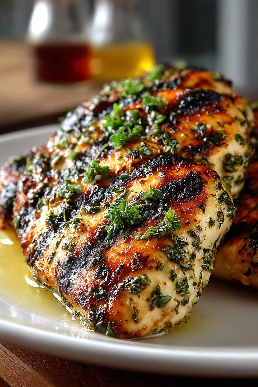 Dairy Free Lemon Herb Grilled Chicken on a grill with fresh herbs
