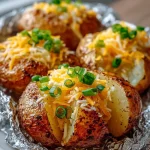 Delicious easy cheesy campfire foil potatoes cooking over a campfire.