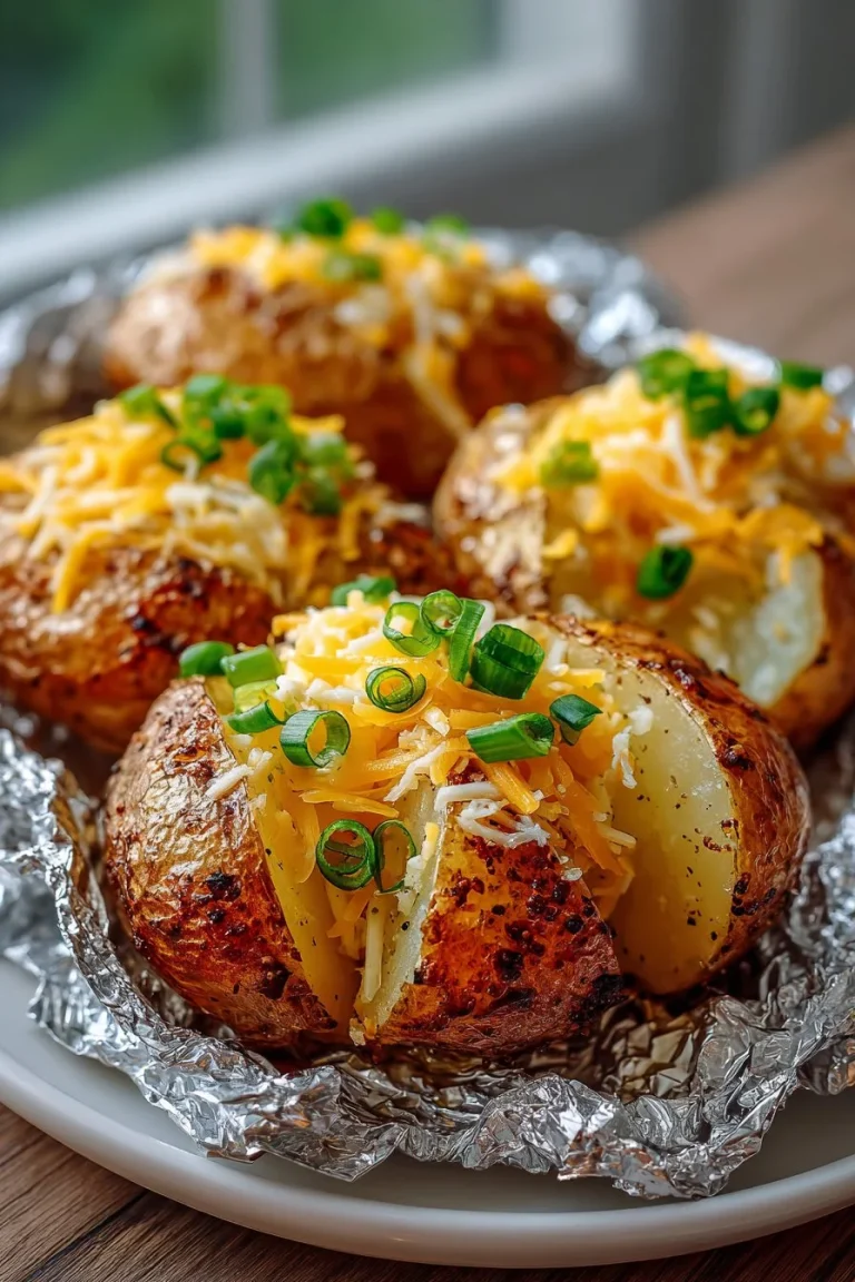 Delicious easy cheesy campfire foil potatoes cooking over a campfire.