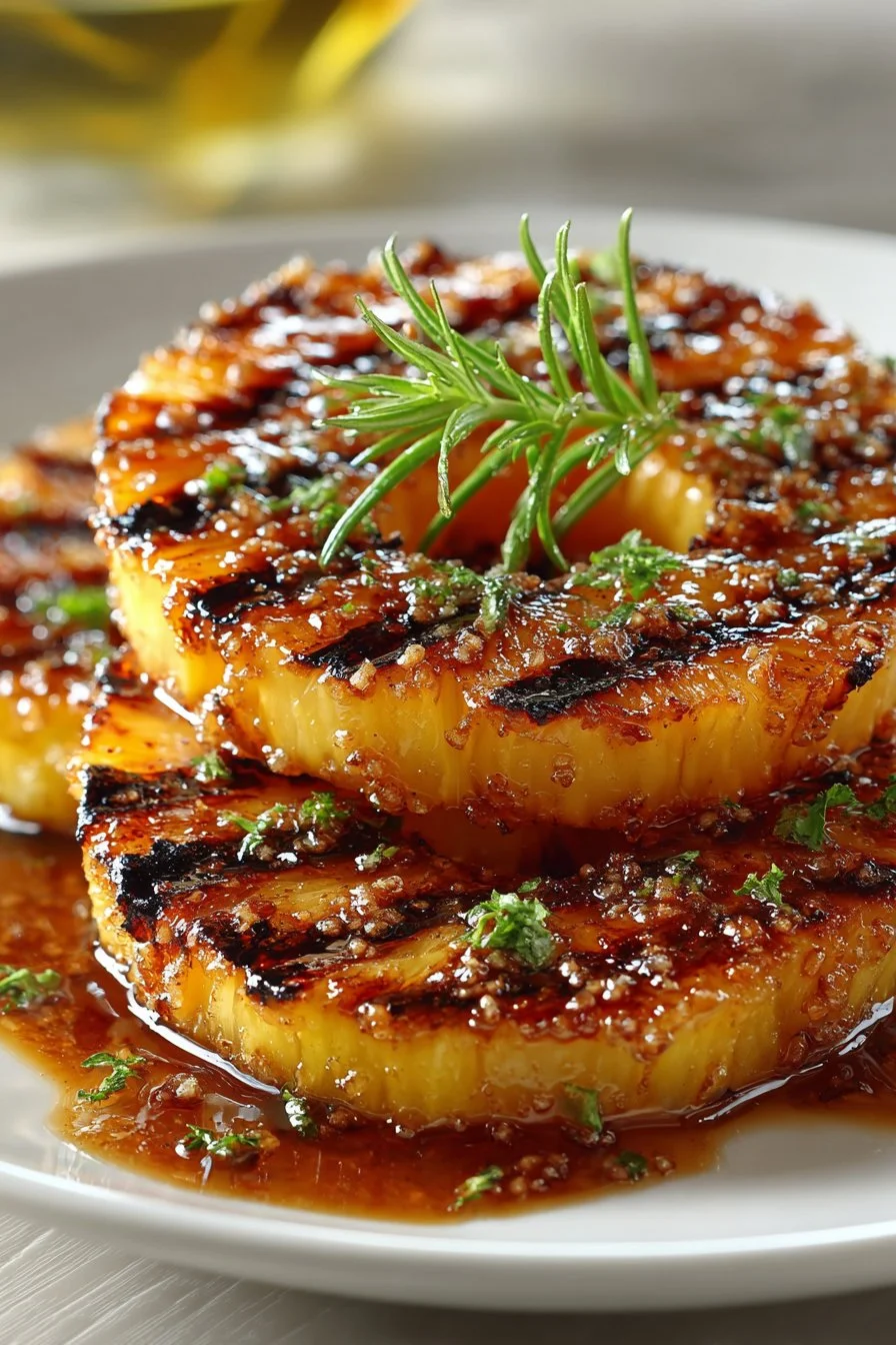 Delicious grilled pineapple slices with brown sugar caramelization on a plate