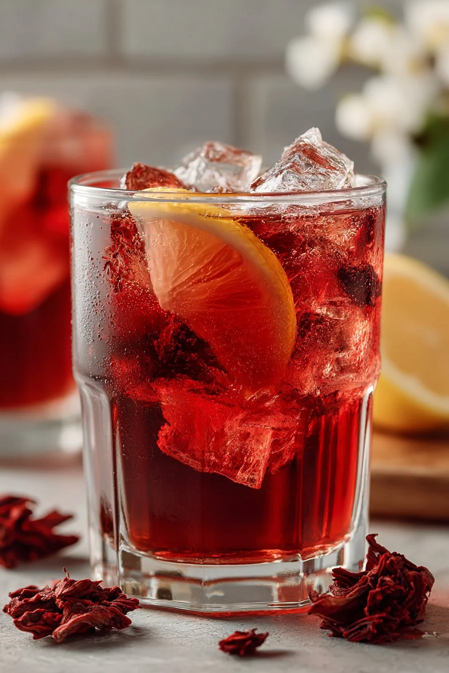 A refreshing glass of easy homemade iced hibiscus tea garnished with mint leaves.