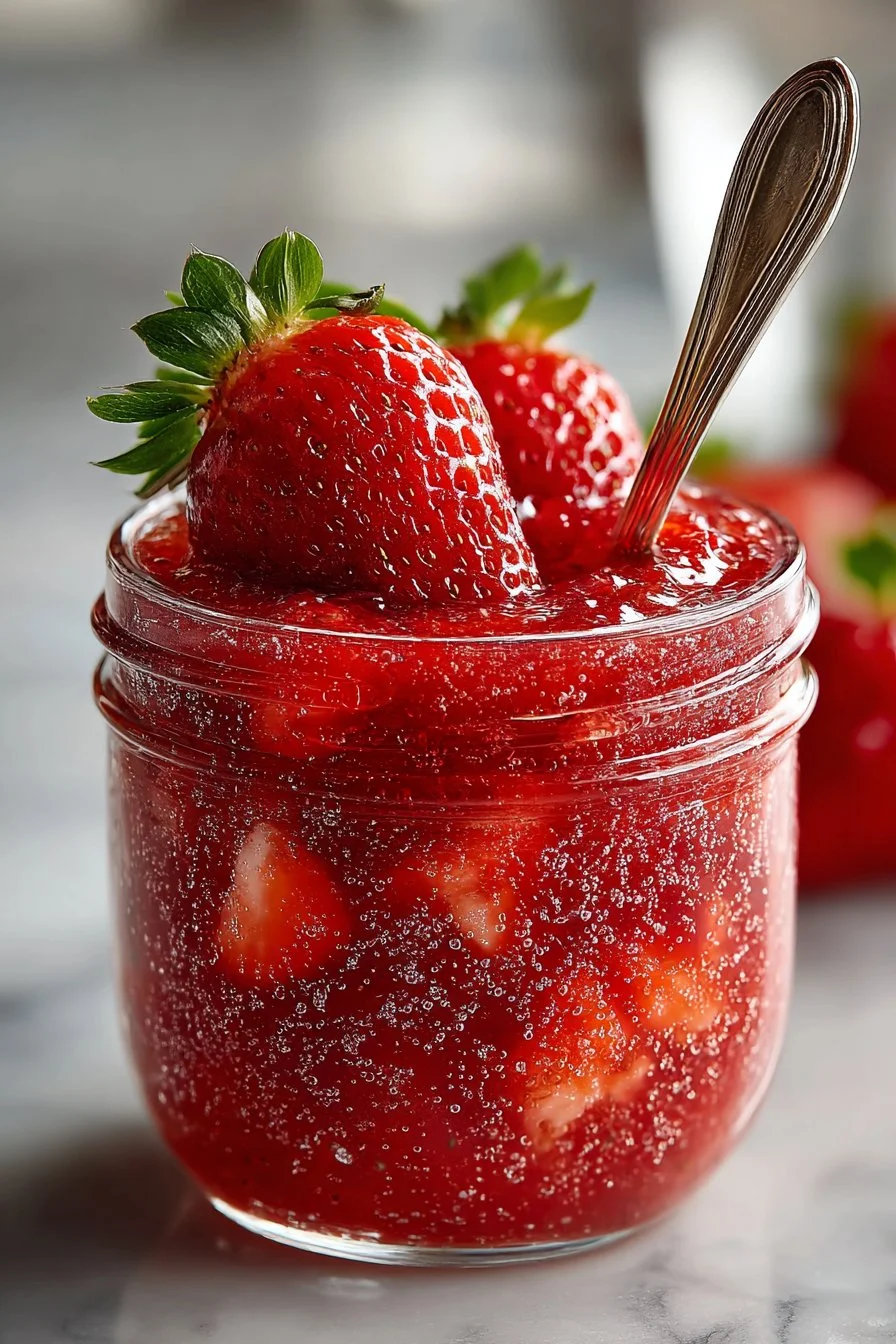 Jar of easy homemade strawberry freezer jam on a kitchen counter