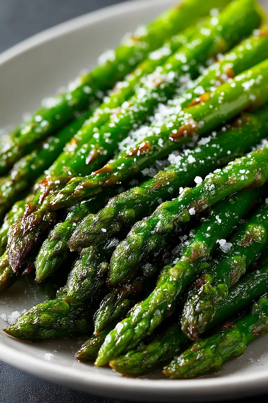 Oven roasted lemon garlic asparagus garnished with lemon slices