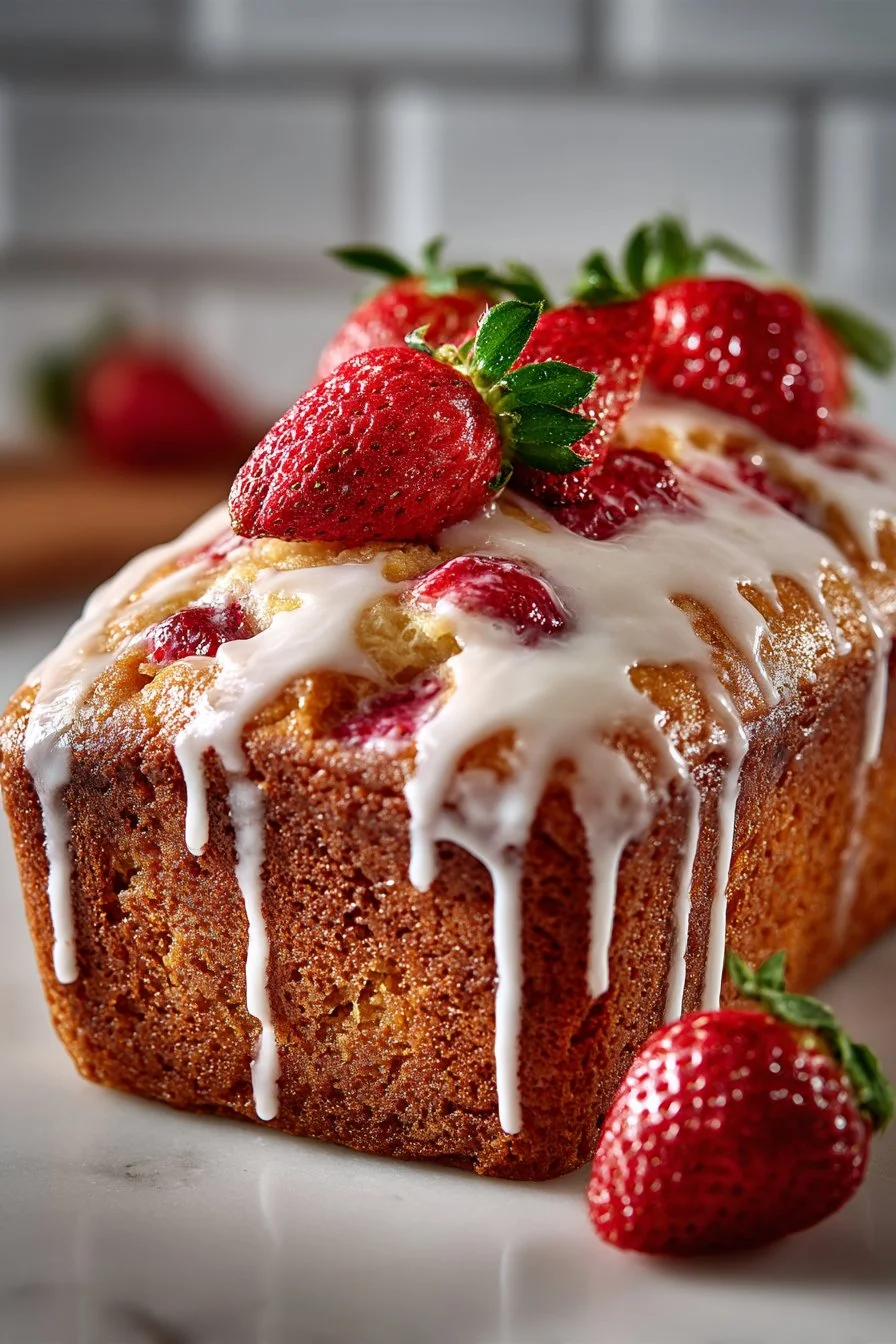 Freshly baked strawberry banana bread drizzled with cream cheese glaze