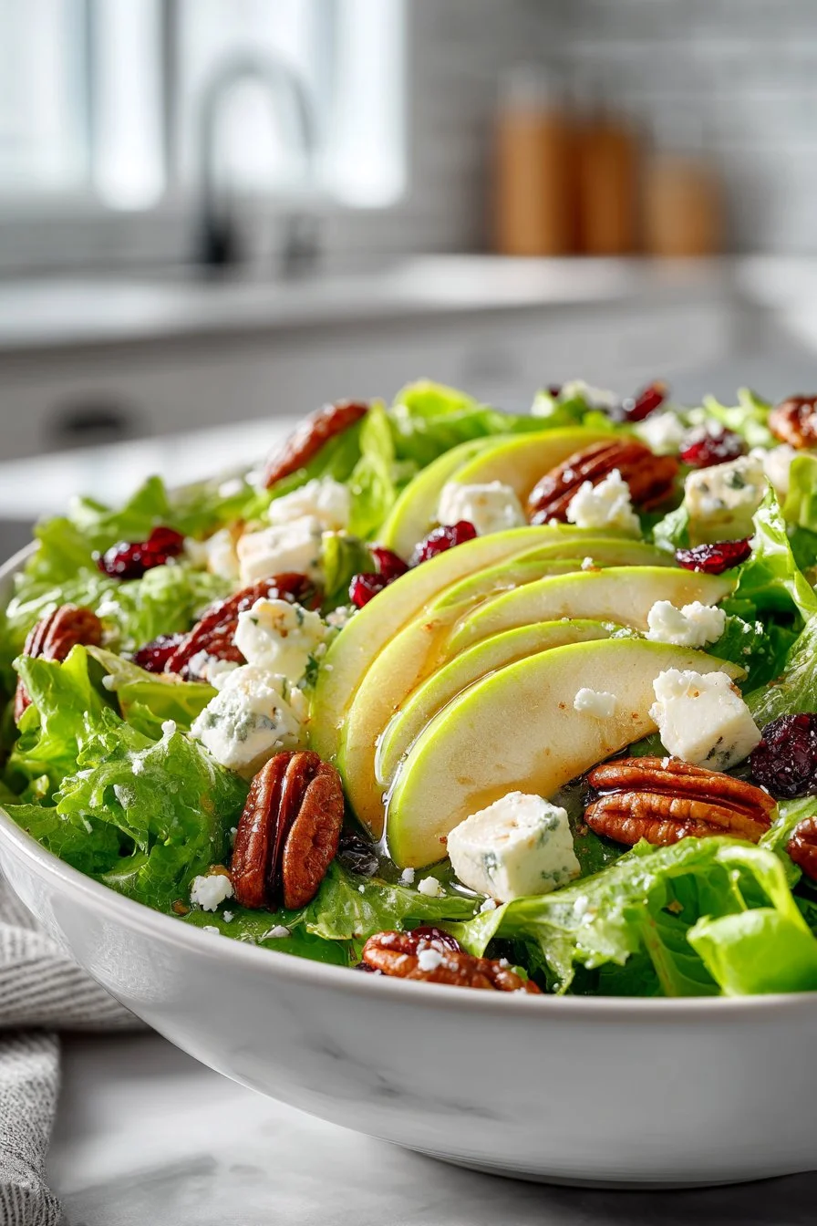 Fresh green apple and pecan salad with a tangy dressing on a white plate
