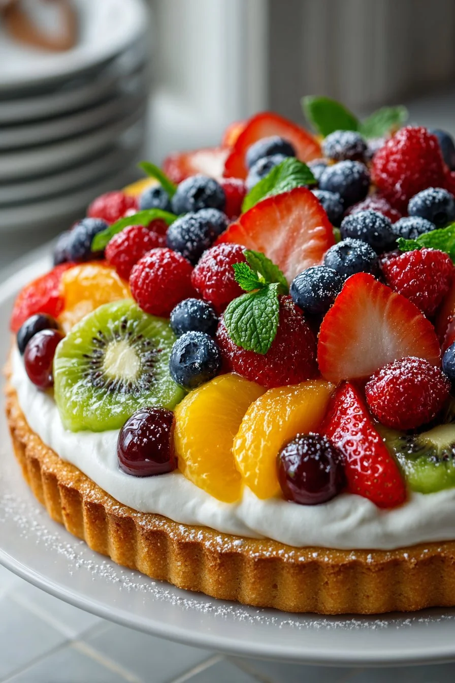 Fresh summer fruit pizza with sugar cookie crust topped with colorful fruits