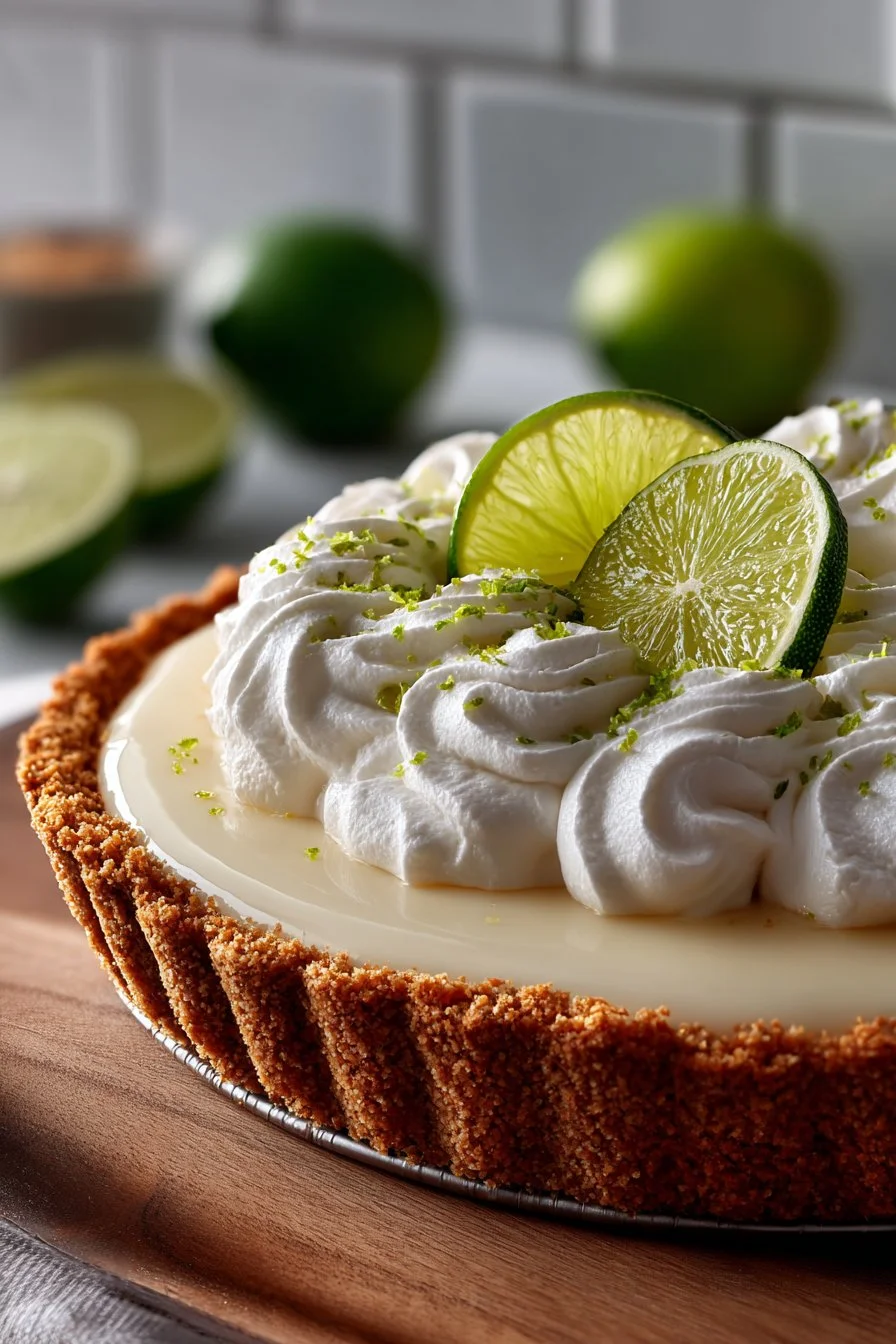 Delicious fresh summer key lime pie made from scratch with vibrant green filling and whipped cream