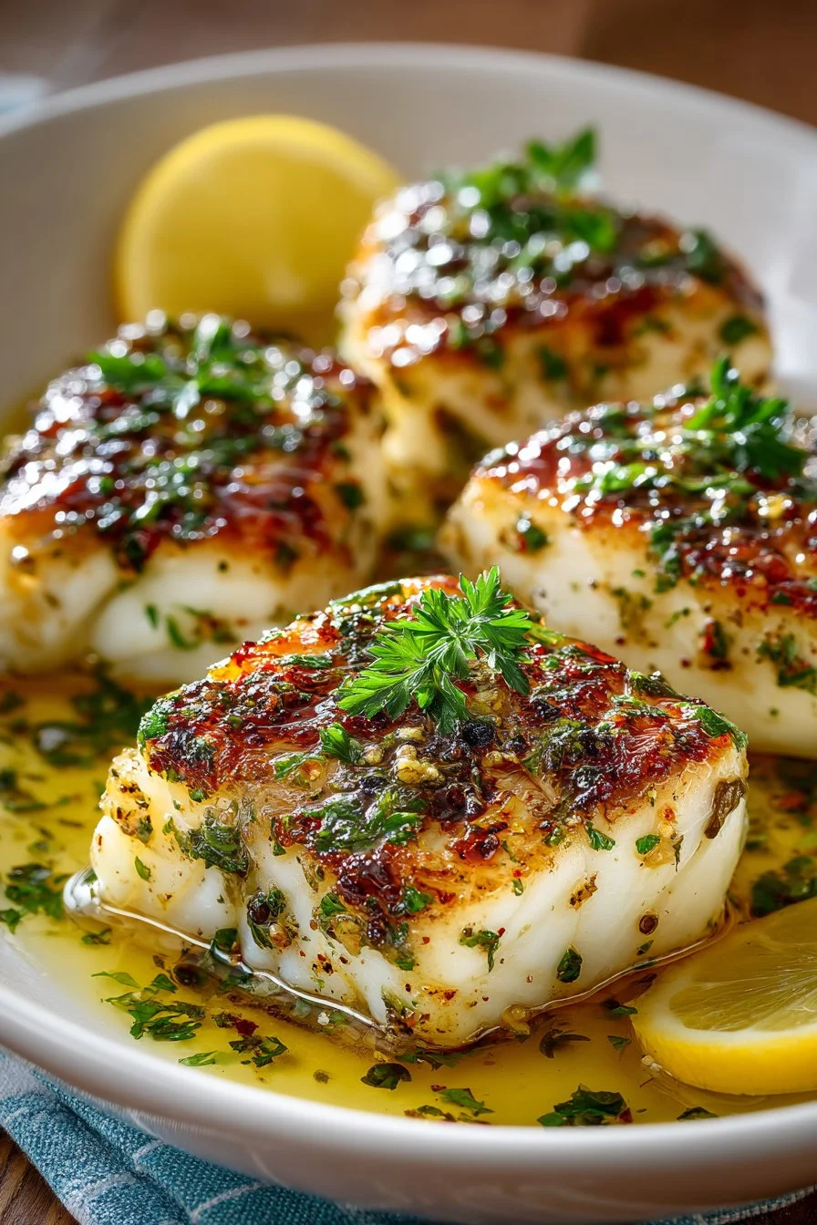 Plate of gluten-free Mediterranean baked cod with lemon and garlic.