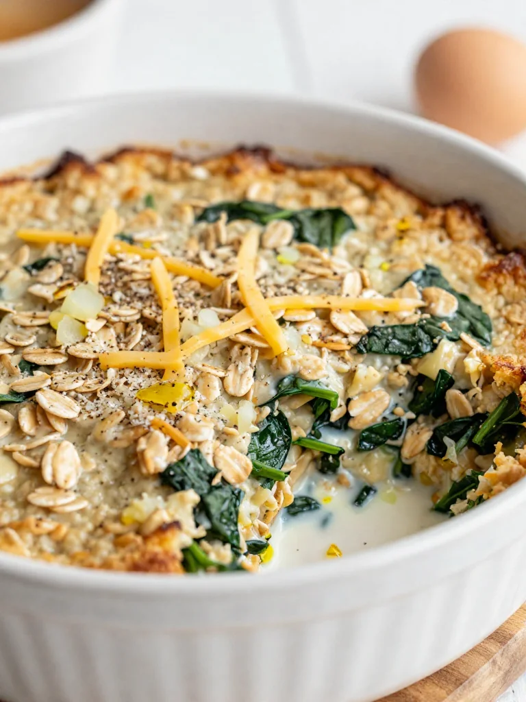 A healthy spinach oatmeal bake served in a dish, showcasing green spinach and oats.
