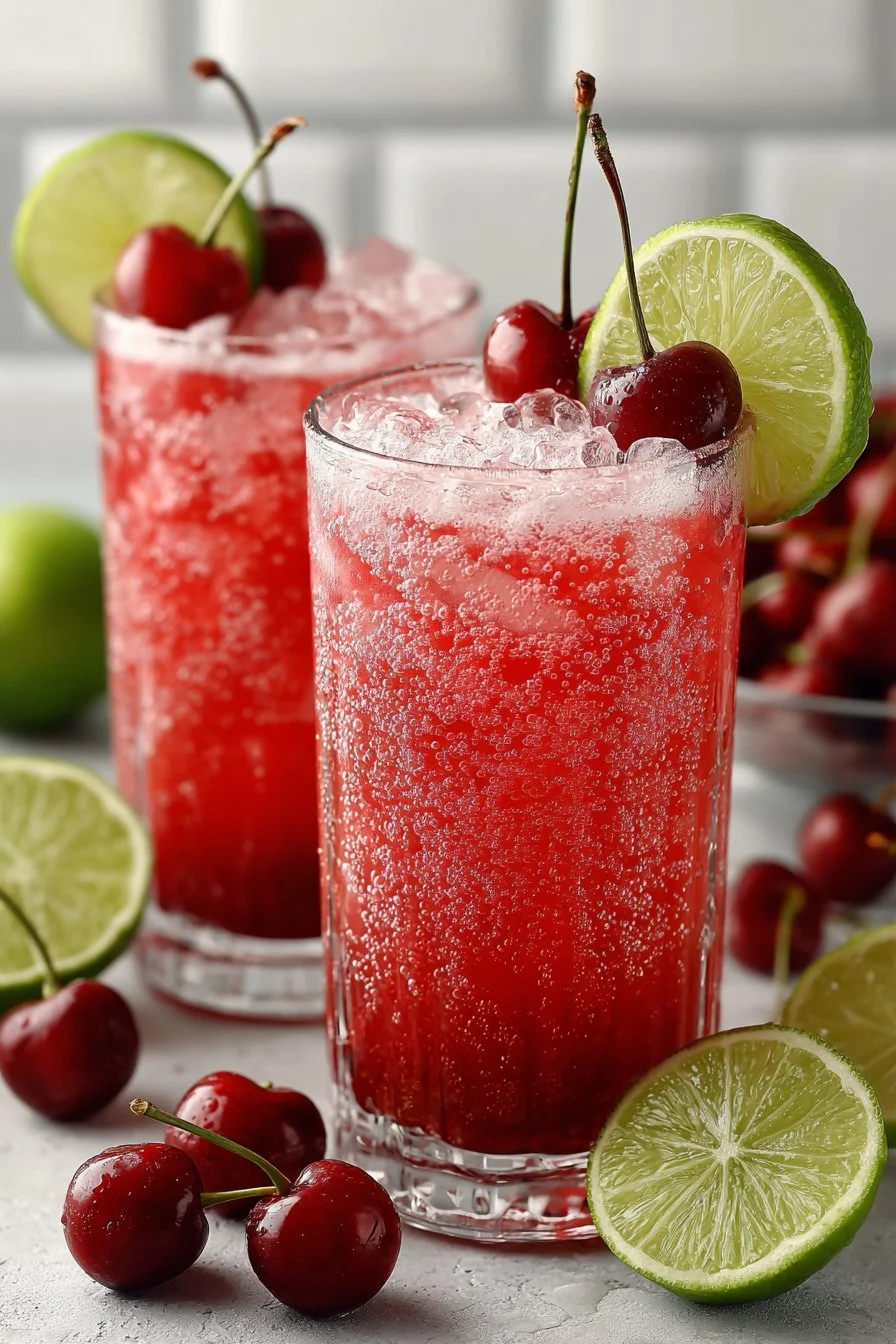 Refreshing homemade cherry limeade drink with fresh cherries and lime slices.