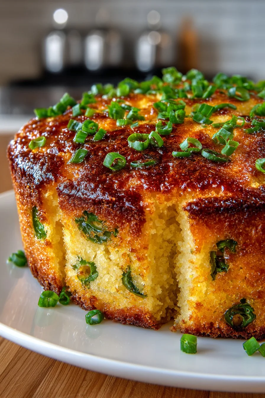 Slice of homemade jalapeno cheddar cornbread on a rustic wooden table