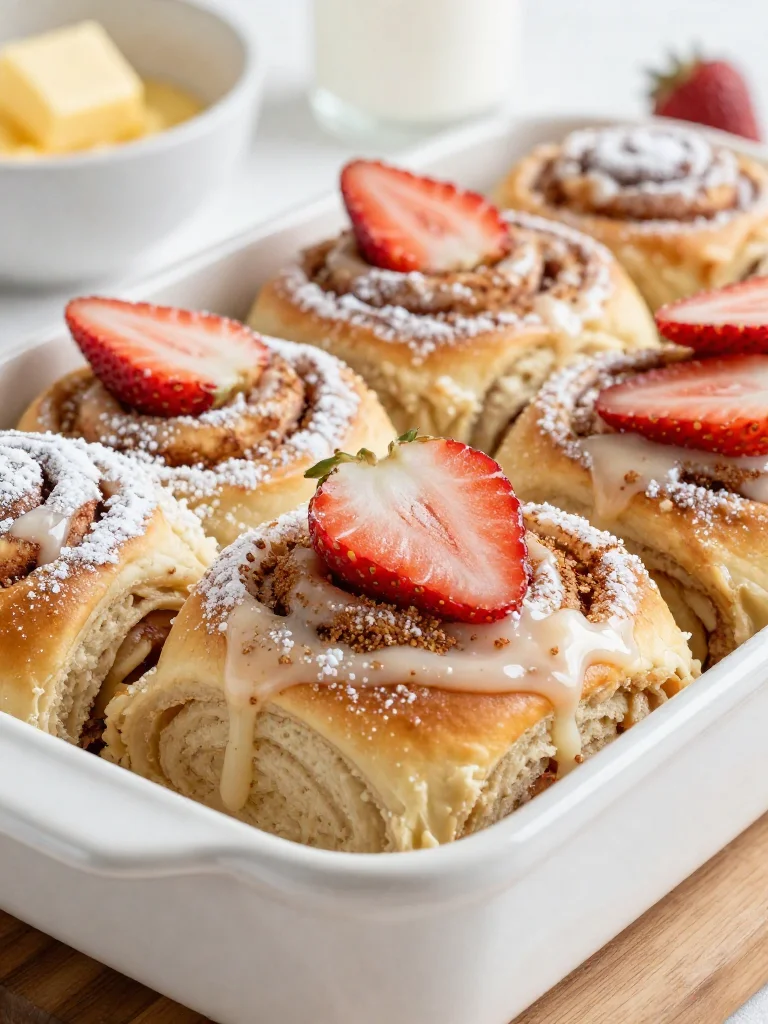 Freshly baked homemade strawberry cinnamon rolls on a plate