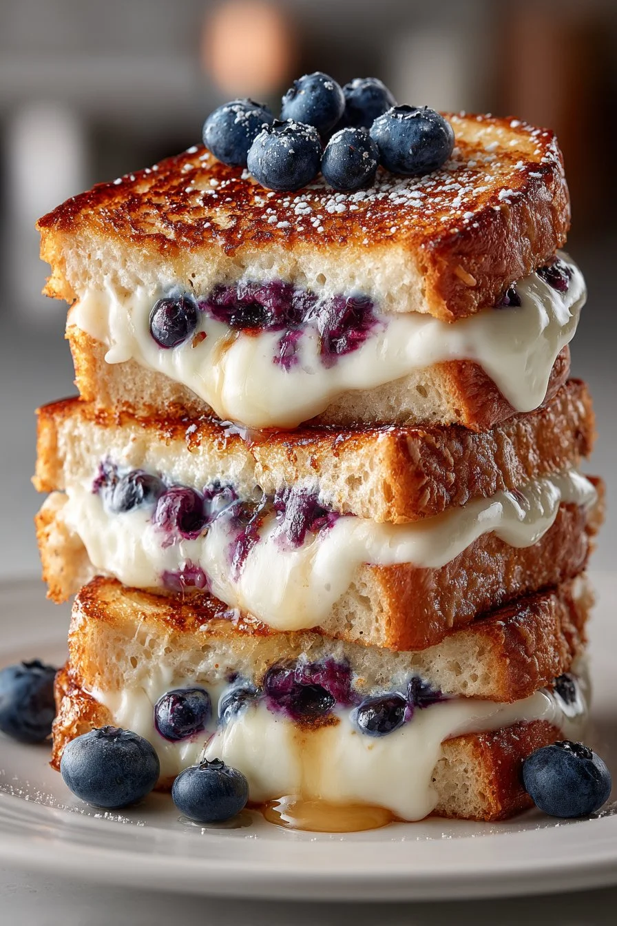 Juicy blueberry grilled cheese sandwich with melted cheese and blueberries