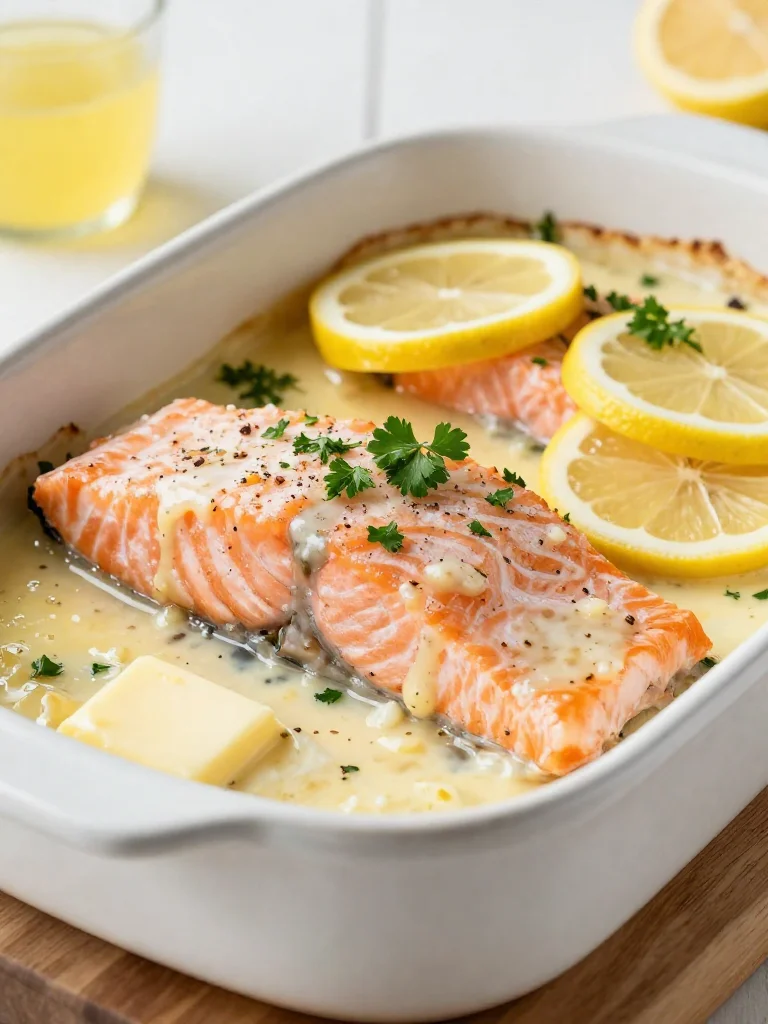 Delicious baked salmon with lemon garlic butter ready to serve