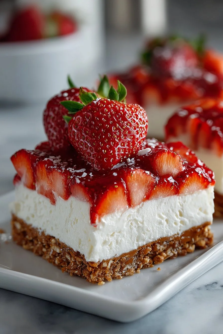 No Bake Strawberry Pretzel Dessert Bars served on a plate