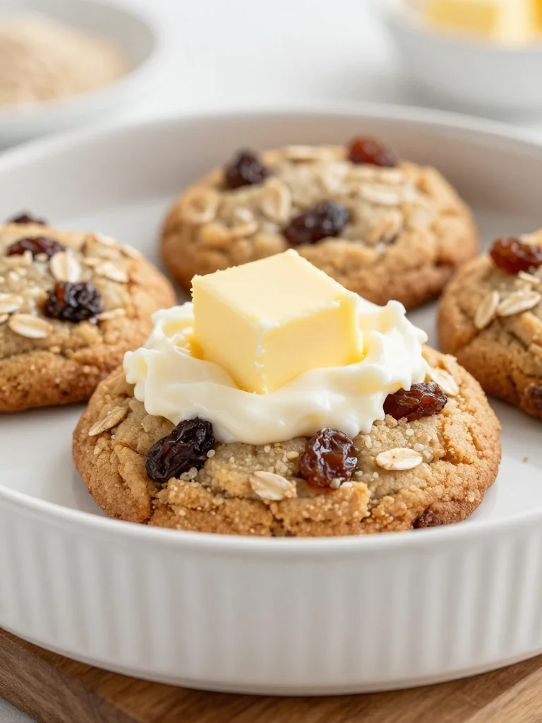 Freshly baked Old-Fashioned Amish oatmeal raisin cookies on a rustic plate