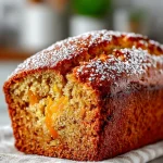 Slice of old fashioned cantaloupe quick bread on a wooden table