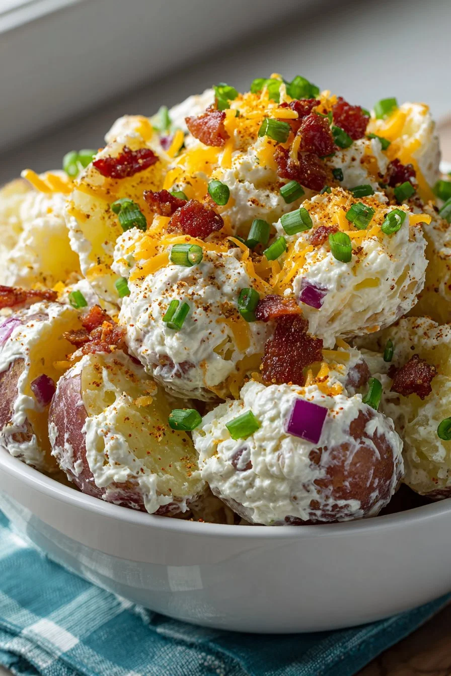 Bowl of Old Fashioned Loaded Baked Potato Salad with toppings