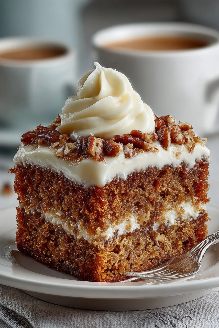 Old fashioned oatmeal cake with coconut pecan frosting on a plate