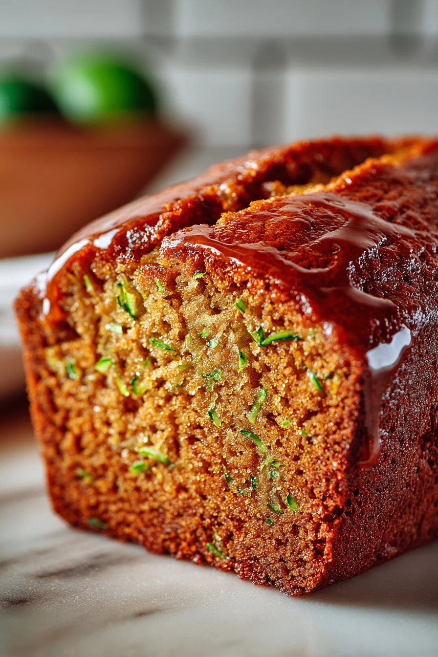 Delicious slice of old fashioned spiced zucchini bread on a wooden cutting board