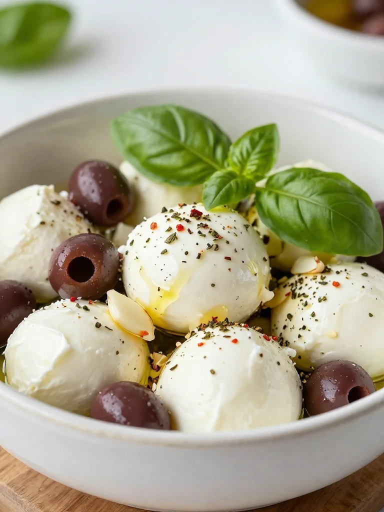 Quick marinated mozzarella balls with olives for a tasty appetizer