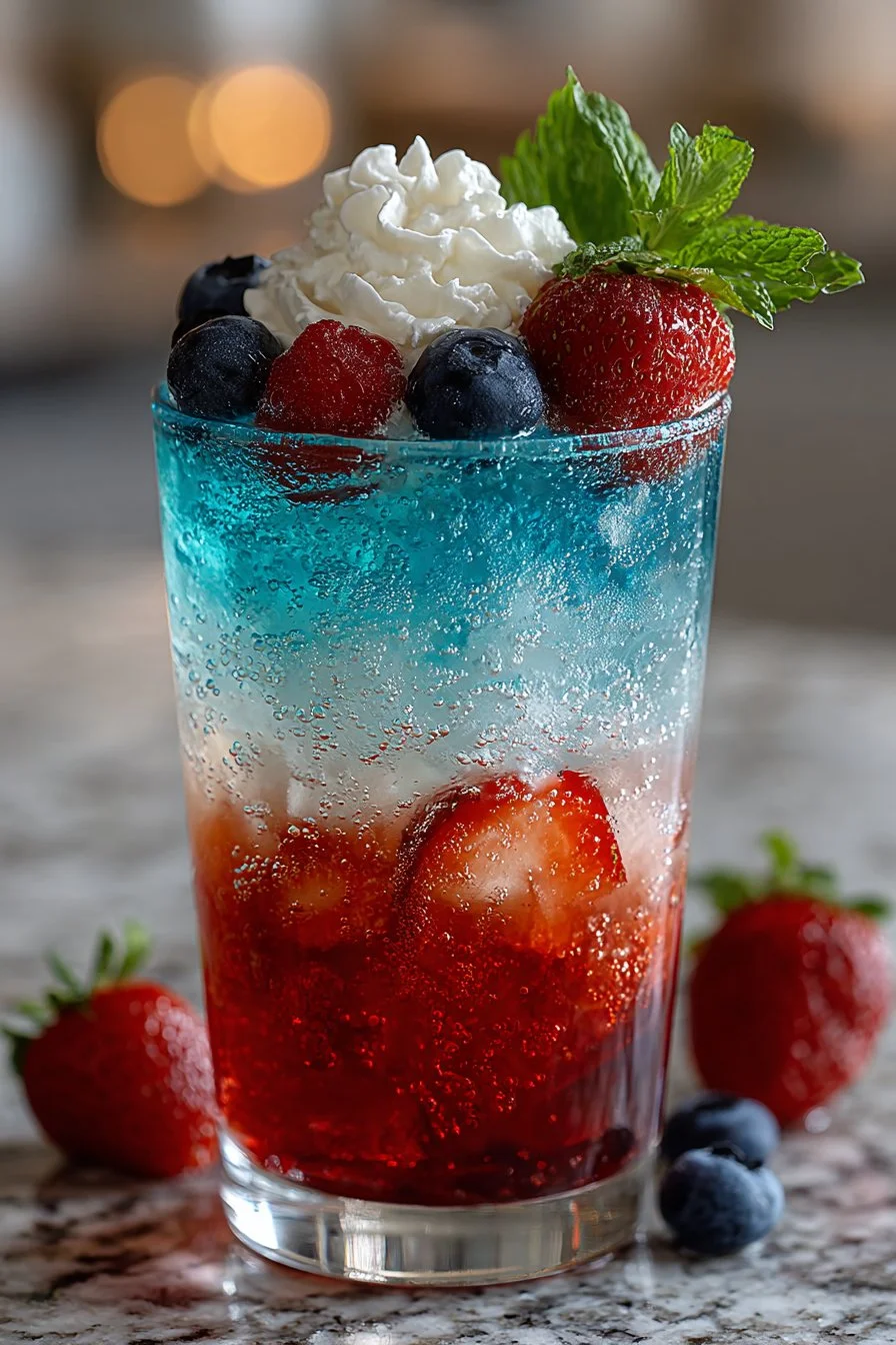 Colorful 4th of July drinks for kids in festive glasses with stars and stripes.
