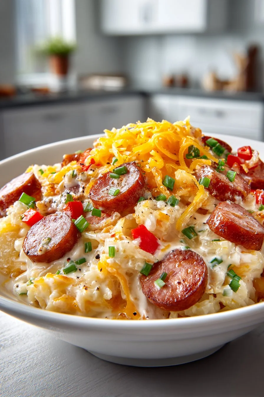Slow Cooker Cheesy Kielbasa and Hashbrowns dish served in a bowl