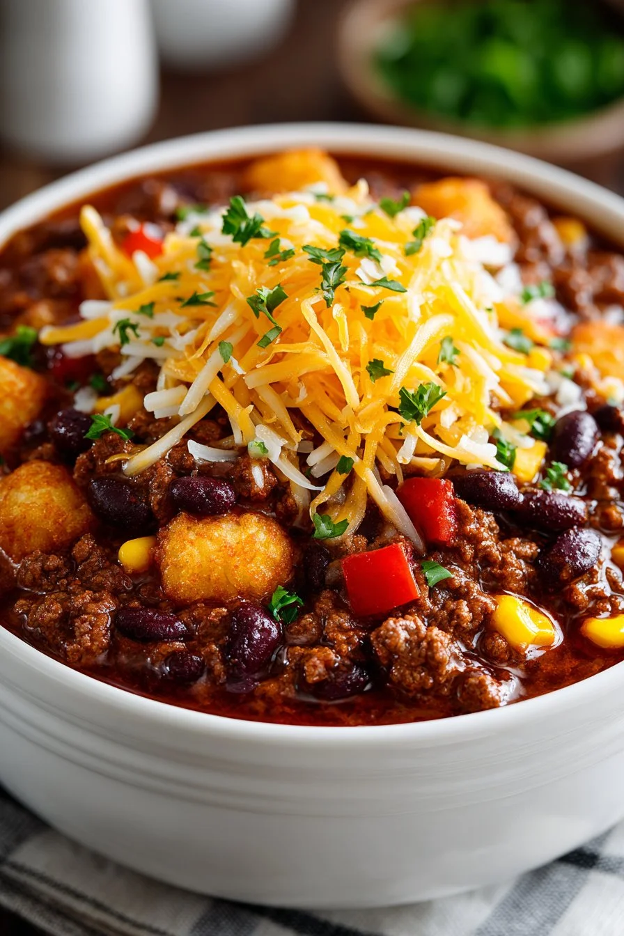 Slow Cooker Cowboy Casserole with Corn in a rustic dish