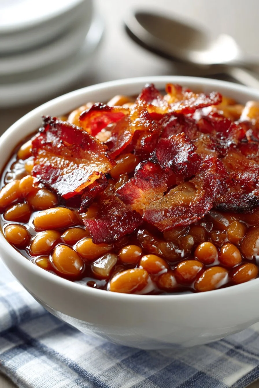 Delicious slow cooker maple bacon baked beans served in a bowl